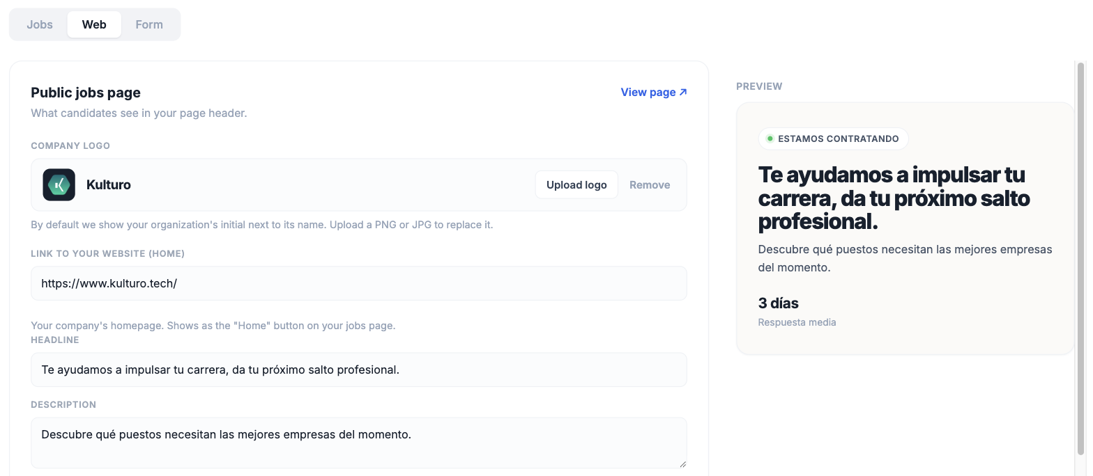 The Web tab with the page settings and its live preview