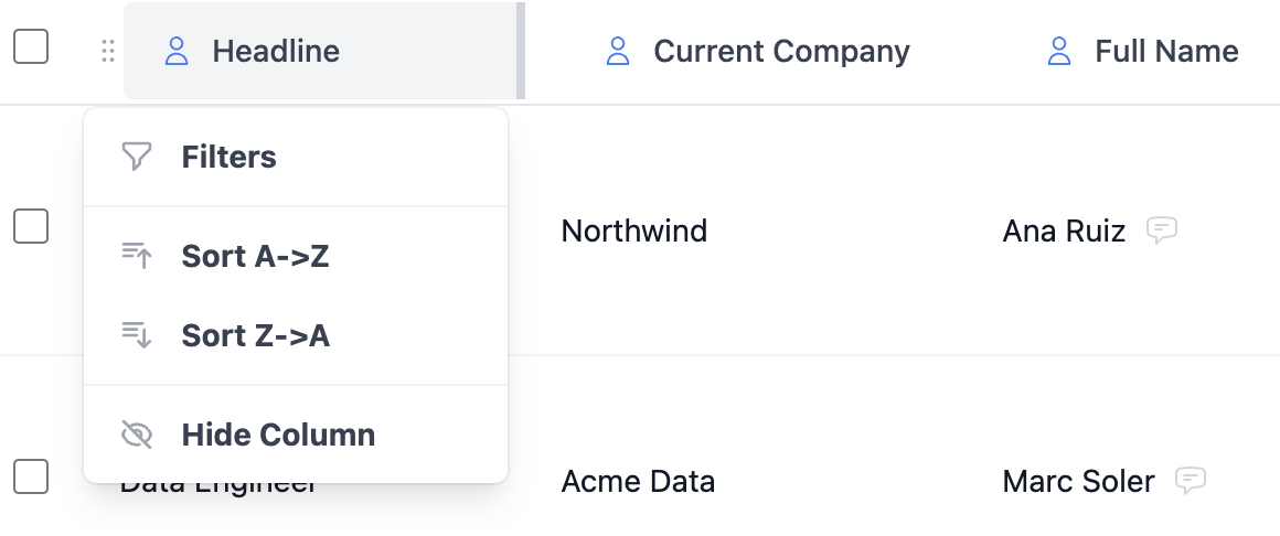 A column menu, with Filters, Sort and Hide Column