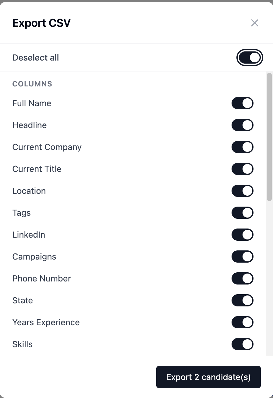 The export dialog, with a toggle per column