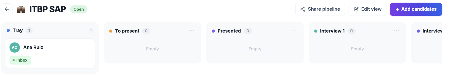 A role's board, with its stages and the Share pipeline button