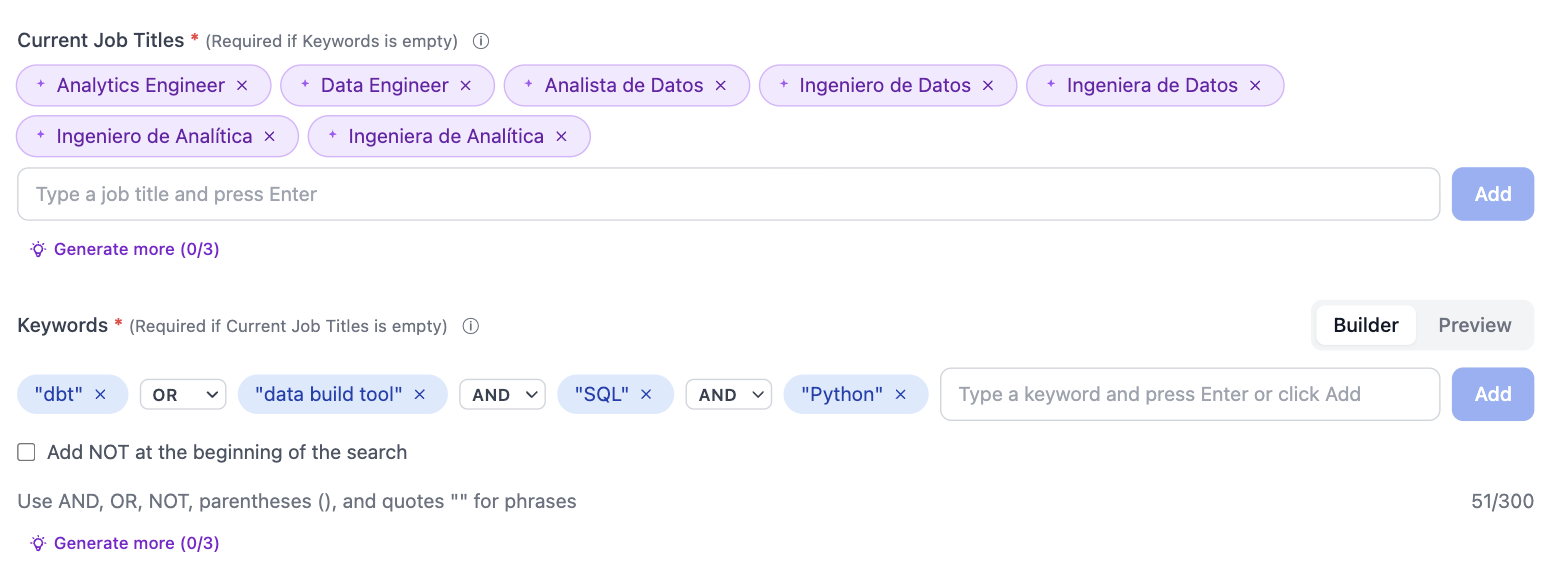 AI-prefilled job titles and keywords on step 2